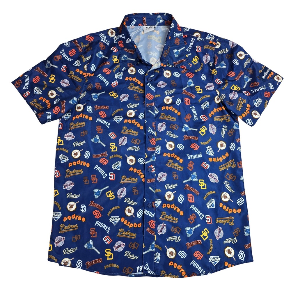 San Diego Padres MLB BDA Navy Blue All Over Print Button Down Shirt Youth Large
